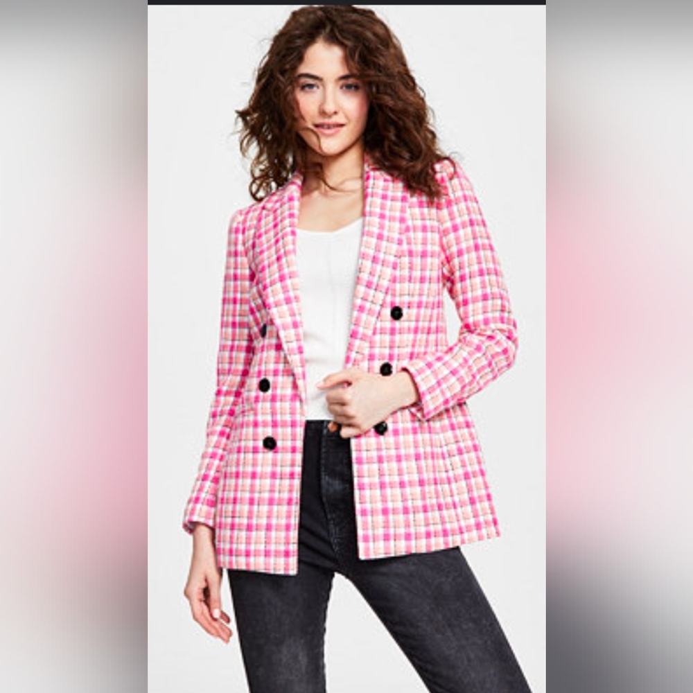 Bar 4 Women's Pink Plaid Double-Breasted Tweed Pink Blazer XXS